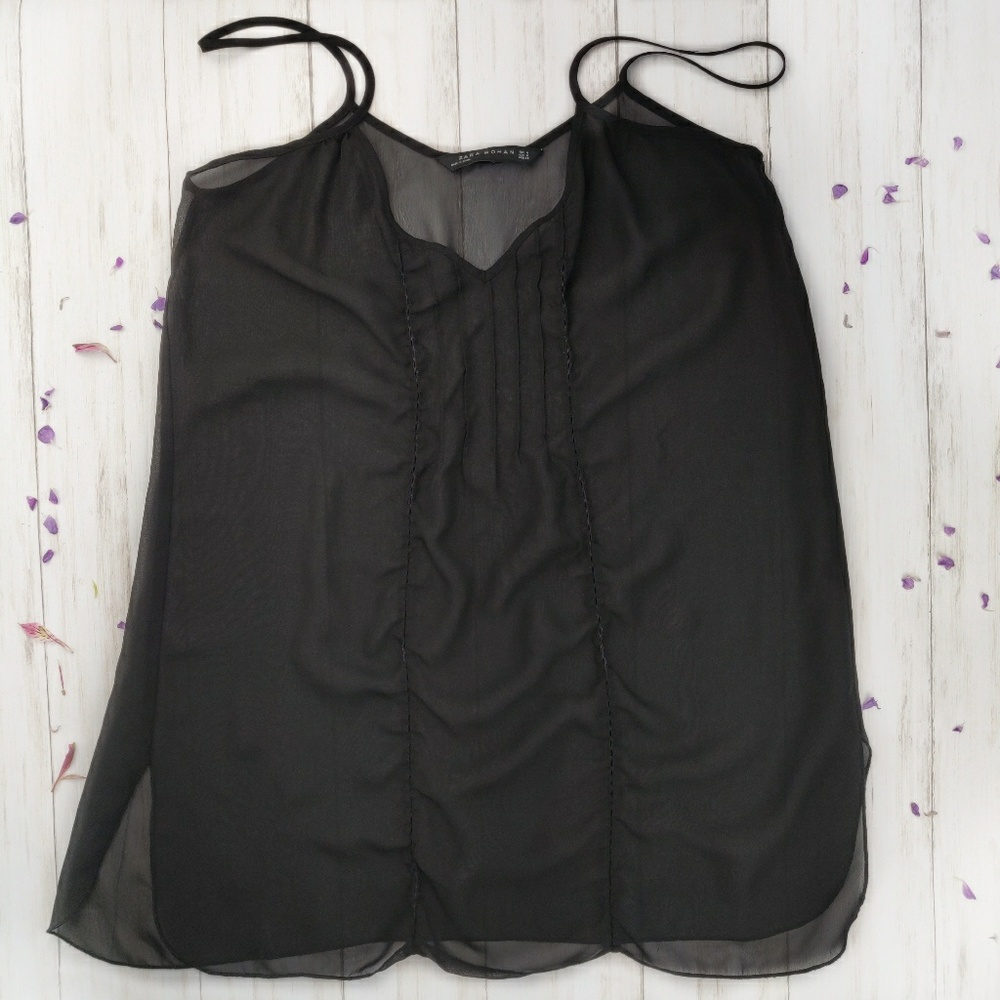 Zara Woman sheer black v-neck pintuck cami d24